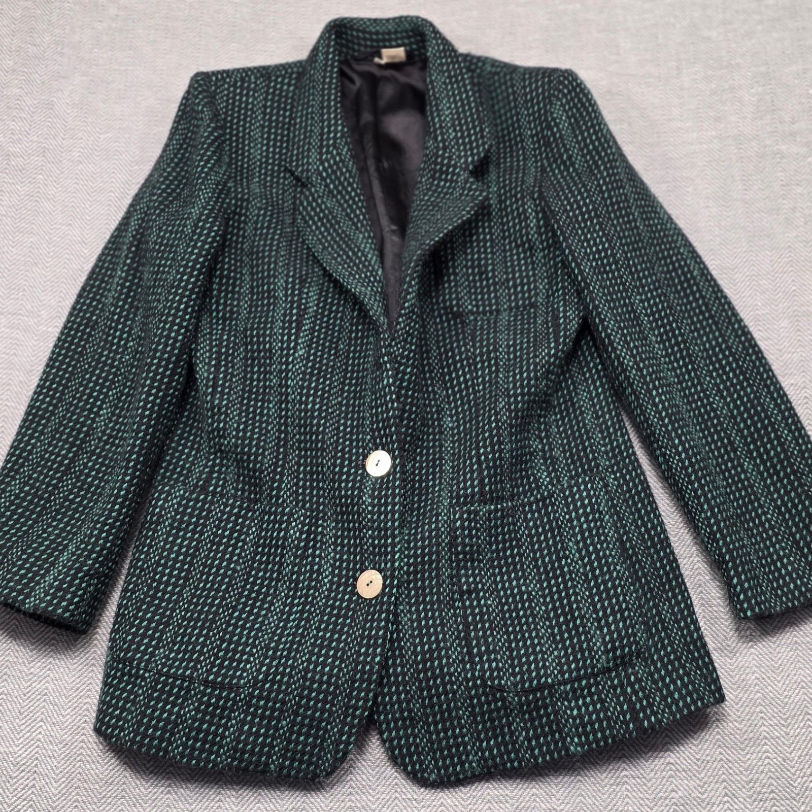 Chloe & Chyna Vintage 100% Wool Blazer Jacket Green Black Textured Size 10